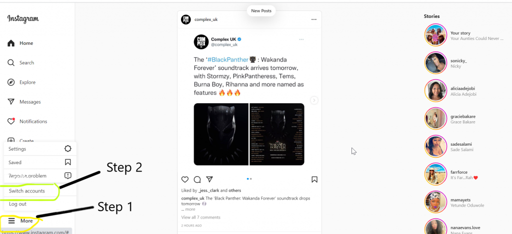 Switch accounts on Instagram desktop 2022